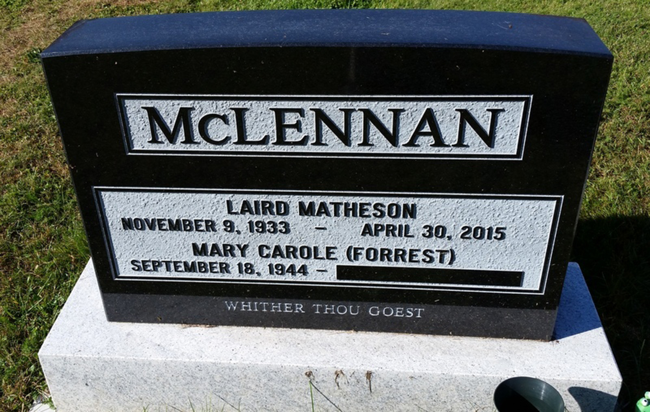 Photo of headstones/Laird Matheson McLennan 1933-2015 hdstn Woodstock Northampton Kirk Cem NB